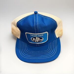 Vintage 80s Dr Pepper Sugar Free Patch Mens Blue White Adjustable Trucker Hat